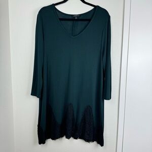 Lane Bryant 3/4 Sleeve Tunic Top V-Neck Flowy Size 14/16 Green Black Lace Trim